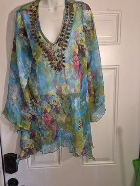 Embellished V-Neck Sheer Floral Tunic - Blue Multi